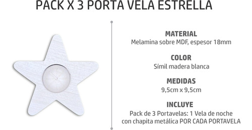 Pack X 3 Porta Velas Deco Madera C/vela De Noche- Estrella
