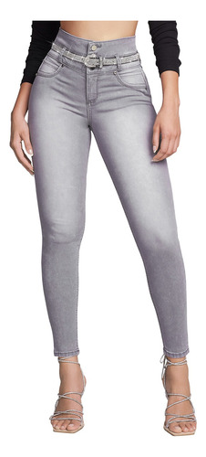 Pantalón Mezclilla Mujer Seven Cintura Alta Push Up Gris