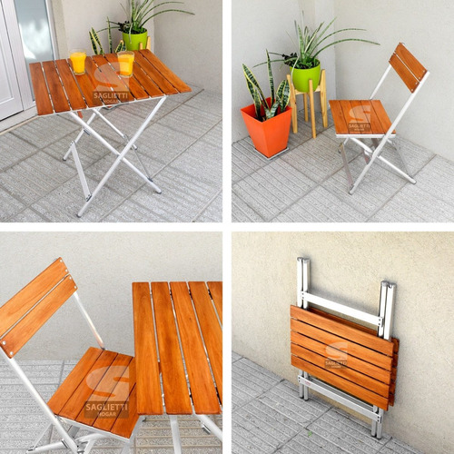 Imagen 7 de 10 de Mesa Plegable Aluminio Madera 75x66 + 2 Sillas Balcon Jardin