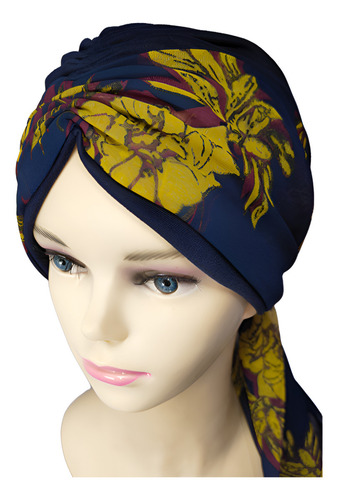 Turbante Gorro Para Mujer C/banda Oncológico Quimio. Algodon Color Azul Oscuro Con Amarillo