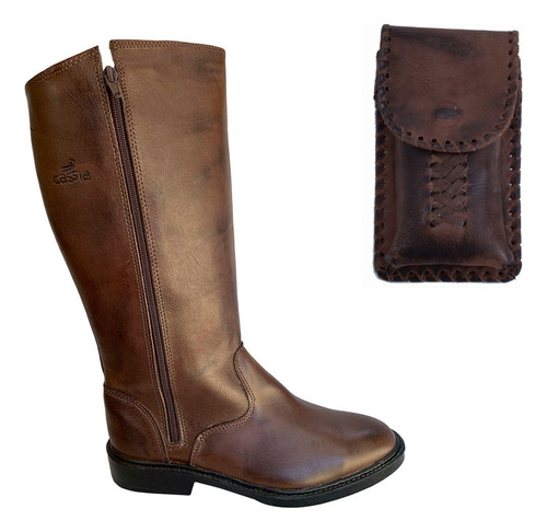 Bota Coturno Hipismo Zíper Couro Legitimo + Capa Celular
