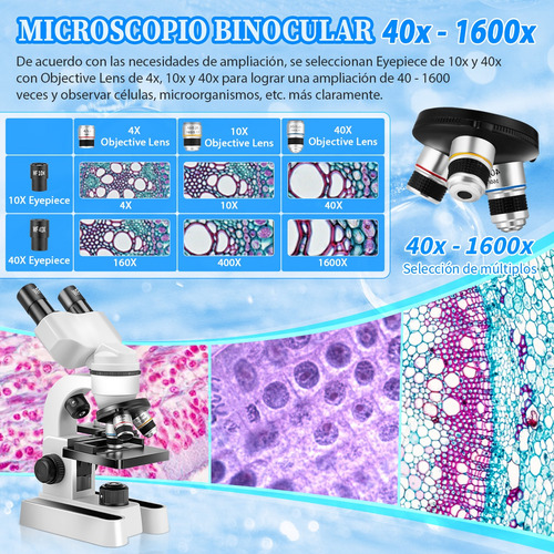 Kit De Microscopio Óptico Acromático Binocular 1600x Con Luz