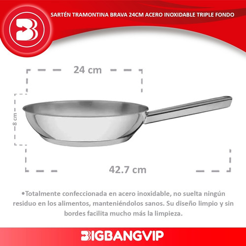 Imagen 2 de 6 de Sartén Tramontina Brava 24cm Acero Inoxidable Triple Fondo