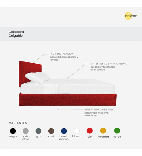 Cabecera Colgable Cama Queen Size Diseño Moderno Resistente Color Rojo