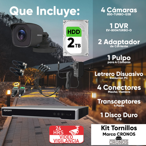Epcom Kit De 4 Camaras De Seguridad Metalicas De Color Negro 5mp Protección Ip66 Para Uso Exterior + Dvr 4ch Turbohd Con Detección De Movimiento Y Salida De Alarma +2tb Hdd