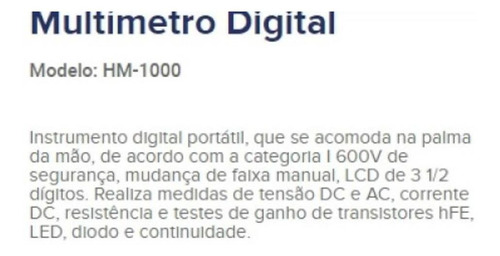 Imagem 4 de 4 de Multímetro Profissional Cat 600v Digital Hm-1000 Display Lcd