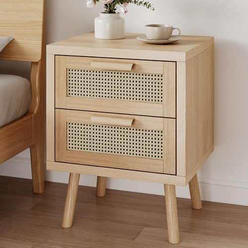Velador Con Rattan De Madera Con 2 Cajón 40x40x58 Cm Ocre