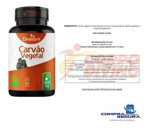 Imagen 2 de 2 de Carbón Vegetal Sin Gluten Natural 100 Cápsulas