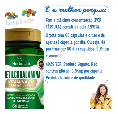 Vitamina B12 Metilcobalamina 60 Cáps Máxima Concentração Neutro