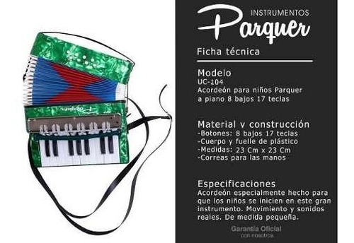 Imagen 2 de 9 de Acordeon Parquer Niños 8 Bajos 17 Teclas Liviano Con Correas