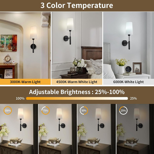 Juego De 2 Apliques De Pared Negros Recargables Con Control
