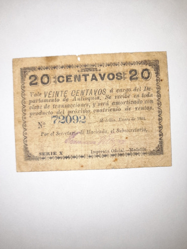 Billete Original De 20 Centavos De Colombia 1901 Antioquia