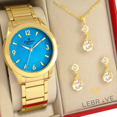 Relógio Champion Feminino Dourado Azul Kit Ouro 18k Original
