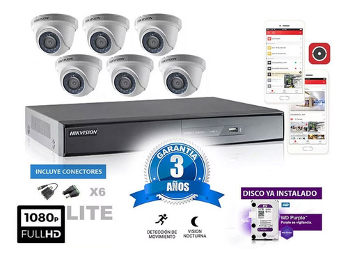 Kit Camaras Hikvision Dvr 16 Ch + 6 Domos + Disco + Conec
