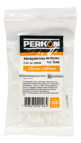 Abracadeira Nylon Perkon Branca 2,5x 60  100 Pecas  1246