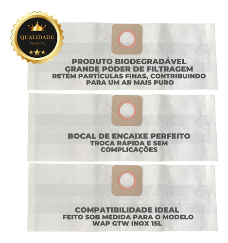 Kit 03 Saco P/aspirador Pó Wap Gtw Inox Coletor Compatível