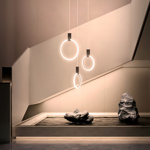 Lustre Luminária De Led 3 Argolas Duplo Alto Moderno para escada mesa de jantar sala Cor Preto 127/220V 47W 127/220V Casa Attract