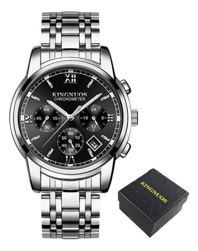 Reloj Kingnuos con calendario luminoso de cuarzo inoxidable, fondo negro