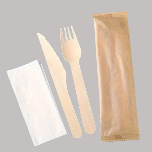 Pack De 100 Set Tenedor, Cuchillo Madera Y Servilleta