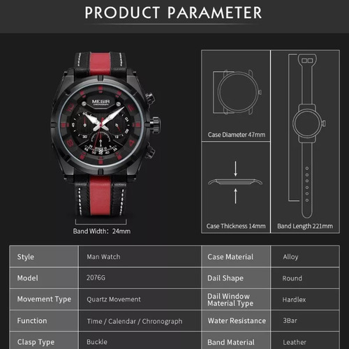 Reloj Cronógrafo Con Calendario De Cuarzo Megir 2076 G