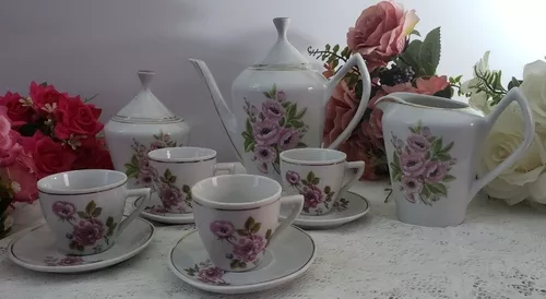 LINDO E ANTIGO JOGO PARA CHÁ E CAFÉ EM PORCELANA POZZANI. - Antiguidades -  Feliz 1053908953