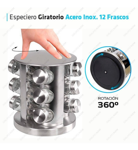 Imagen 4 de 9 de Especiero Condimentero Giratorio Set 12 Frascos Acero Cocina