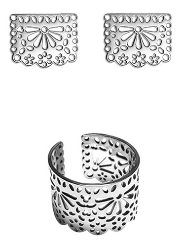 Punto Icónico/ Juego Aretes-anillo Papel Picado/ Plata .925