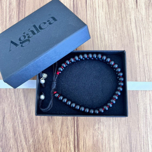 Pulsera Doble Tejida Bolitas Y Plata 925 Agálea Hombre Color Negro-rojo Diámetro 5 Cm Largo 16