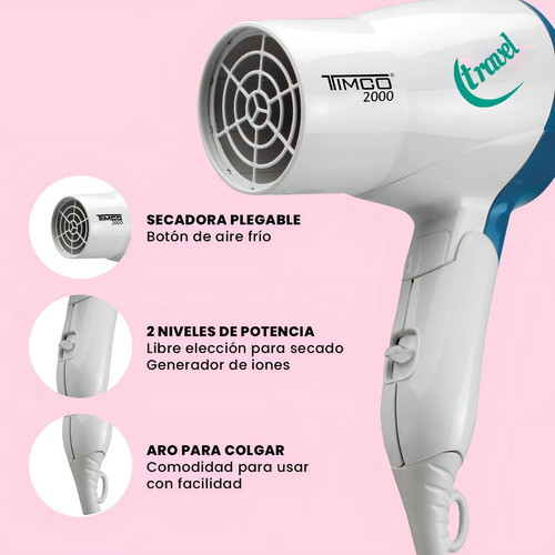 Secadora Cabello Plegable P/viaje Iones Timco Tra-2000 Blanco