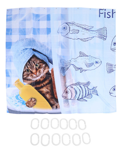 Cortina De Ducha Para Baño, Con Bonito Diseño De Gato Y Pez,