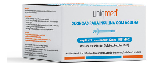 Seringas Para Insulina Uniqmed 100u 0,5ml 8mm 30g Com 100 Un
