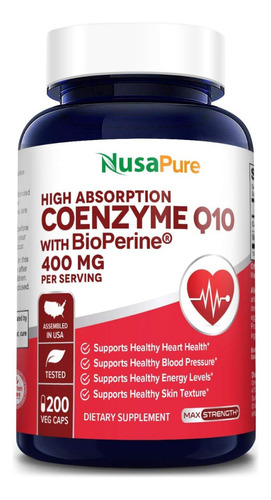 Coenzima Q10 Con Bioperine 400 Mg 200 Capsulas Antioxidante
