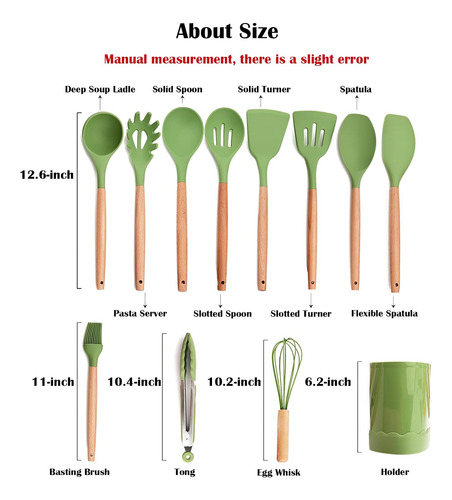 Juego 12 Utensilios Silicona Verde Resistente Al Calor