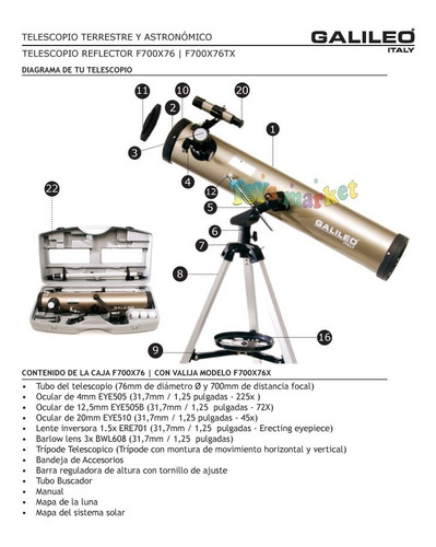 Telescopio Galileo Reflector 700x76tx 525x Incluye Valija