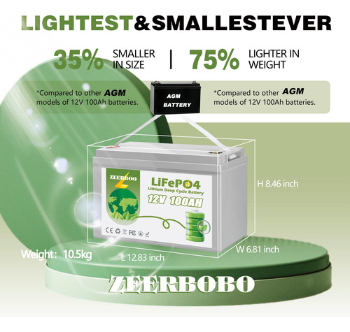 Batería De Litio Zeerboo 12v 100ah Lifepo4 Con Bluetooth 5.0