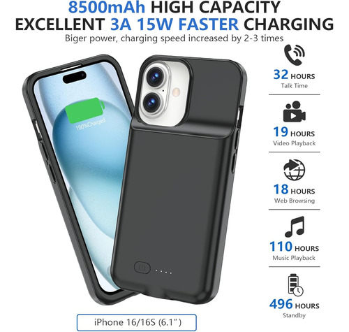 Funda Cargadora Protectora Para iPhone 16 15w 8500 Mah