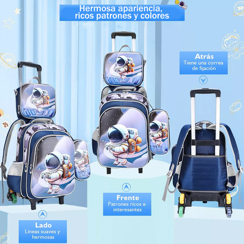 Kit De Mochila Escolar 3d Moda Para Niña Y Niño Con 6 Ruedas, Mochilas Impermeable Con Bolsa De Almuerzo Y Bolsa De Papelería, Mochilas Trolley