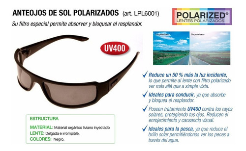 Imagen 4 de 10 de Lentes De Sol Anteojos Polarizados Proteccion Uv400 Lpl6001