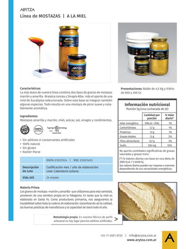 Mostaza Gourmet Arytza A La Miel - 100% Natural - Sin Tacc