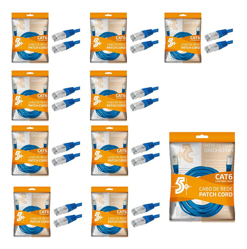 Kit 10 Cabo De Rede Patch Cord Cat6 Ftp 2 Metros Azul Blinda