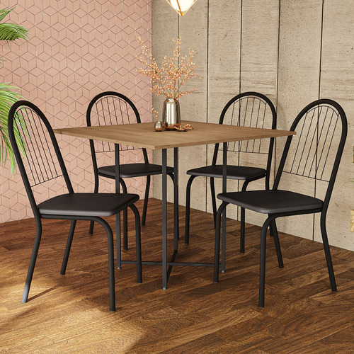 Conjunto Mesa De Jantar C/ 4 Cadeiras Noruega Preto De Metal