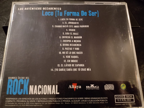 Cd Los Auténticos Decadentes - Loco (tu Forma De Ser) (Usado)