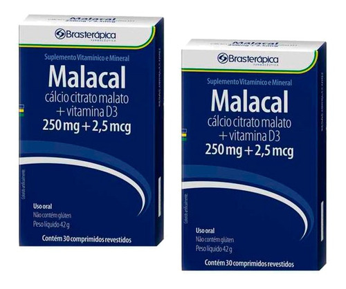 Kit 2x Malacal 250/2,905 Mg 30 Cp Calcio+vit D3 Brasterapica