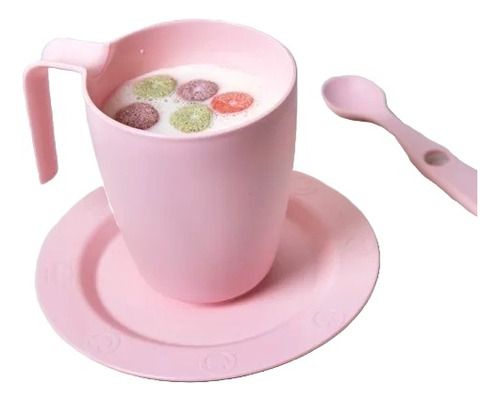 Set De Taza Plato Y Cuchara Desayuno Merienda Colores Pastel