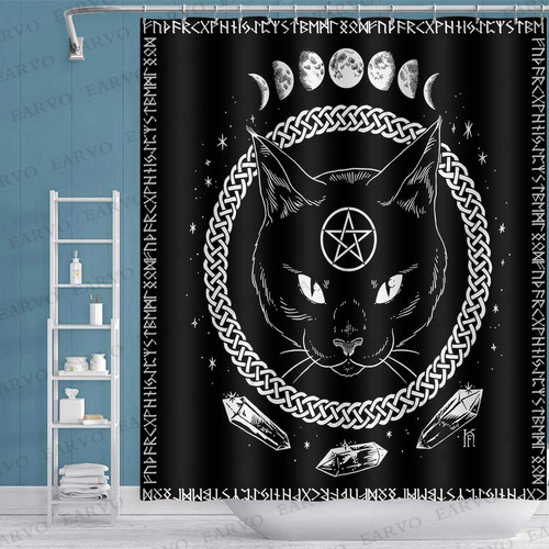 Cortina Ducha Diseño Pentagrama Gato Satanico Gancho 72 X