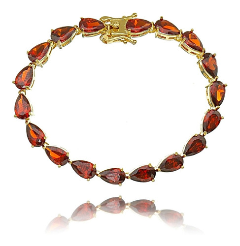 Pulseira Riviera Gota Vermelha Garnet Semijoia Banhada Ouro