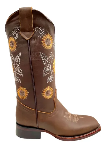 Bota Rodeo Dama Girasoles En Piel Suela De Vaquera Casual Cuotas
