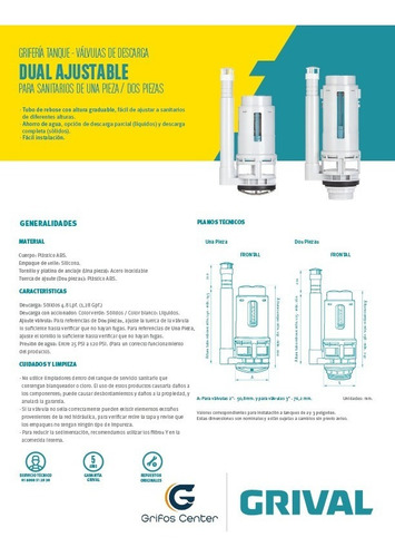 Válvula Sanitario Dual Ajustable 1 Pieza 2 Pulgadas Grival