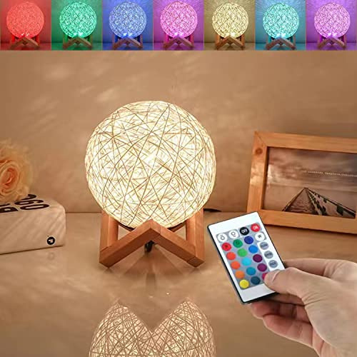 Lampara Noche Niño Bola Ratan Luz Luna 5.9  Led Base Madera