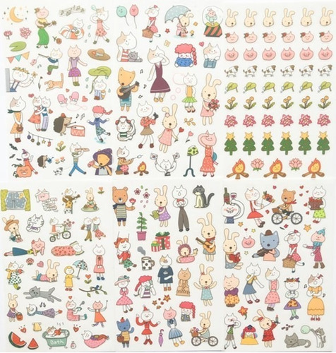 Stickers De Animalitos, 6 Láminas, Pegatinas, Kawai